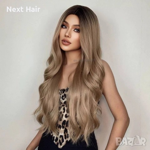 Дълга вълнообразна тъмно руса омбре перука с тъмни корени на път, снимка 3 - Аксесоари за коса - 52897632