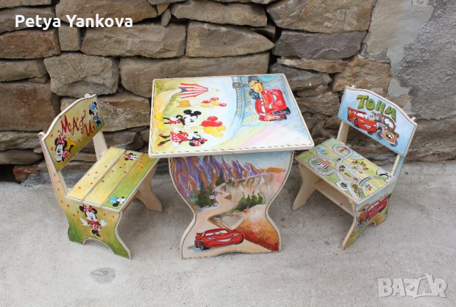 детска дървена рисувана маса с 2 стола, снимка 11 - Мебели за детската стая - 19579536
