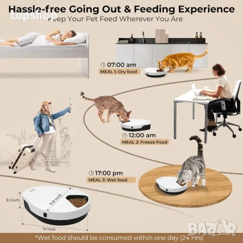 НОВА, ТЕСТВАНА Автоматична хранилка със суха и мокра храна за котки и кучета, охлаждане, 5 отделения, снимка 3 - За птици - 50542587