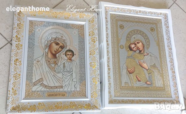 Икона "Света Казанска Богородица" с бяла рамка със златни орнаменти и стъкло, снимка 1 - Икони - 37639199