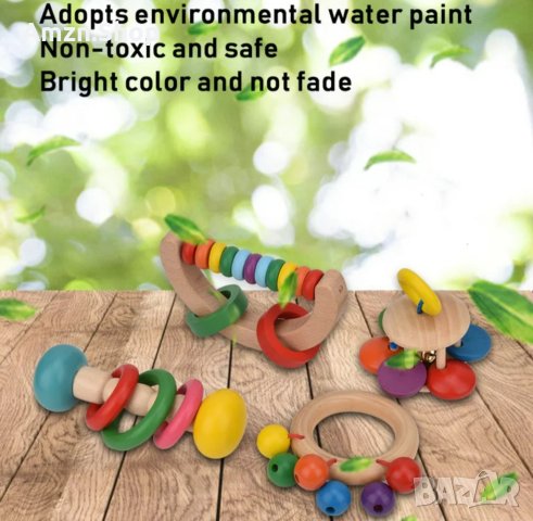 Бебешки дрънкалки , Дървени играчки монтесори 4бр комплект идеален за подарък в красива кутия, снимка 4 - Дрънкалки и чесалки - 43895168