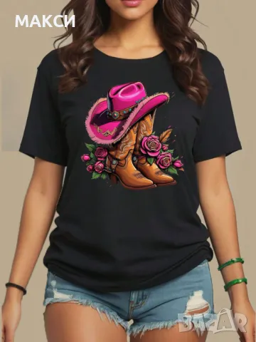 Макси силно еластична и мека тениска с модерна апликация в наситено черно, бяло и циклама