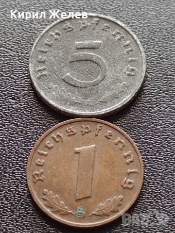Две монети 1 райхспфенинг 1937г. / 5 райхспфенинг 1940г. Трети райх с СХВАСТИКА редки 28602, снимка 1 - Нумизматика и бонистика - 40650498