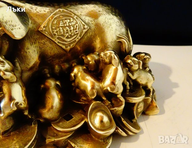 Бронзова статуетка Прасе с прасенца,злато,фън шуй 1.5 кг. , снимка 8 - Статуетки - 26225153