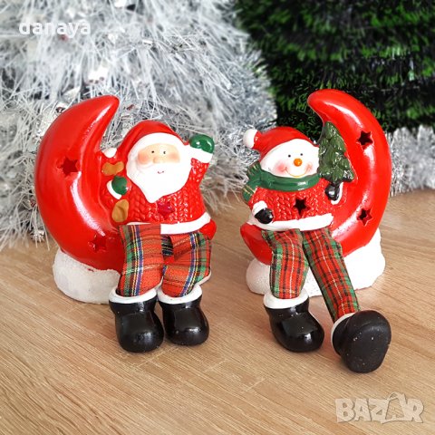 Светеща керамична фигурка Дядо Коледа Снежко с луна коледна декорация, снимка 3 - Декорация за дома - 26810937