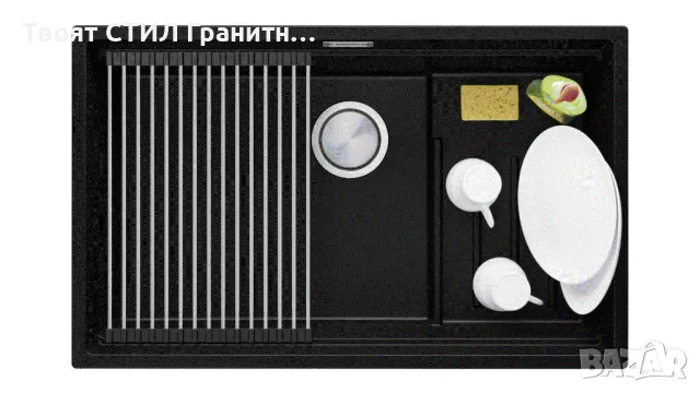 Черна гранитна мивка за монтаж под плот Прага 80 Step Level 560 x 470 мм