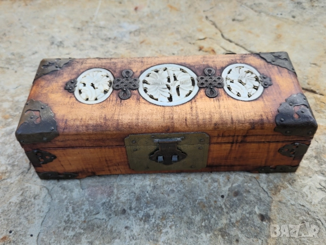 Кутия за бижута от дърво Vtg с азиатски дизайн резбован нефрит, снимка 3 - Декорация за дома - 52016781