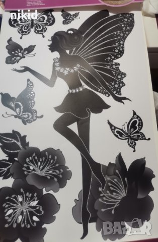 Момиче фея пеперуда в черно с камъчета стикер лепенка за стена мебел детска стая декор самозалепващ