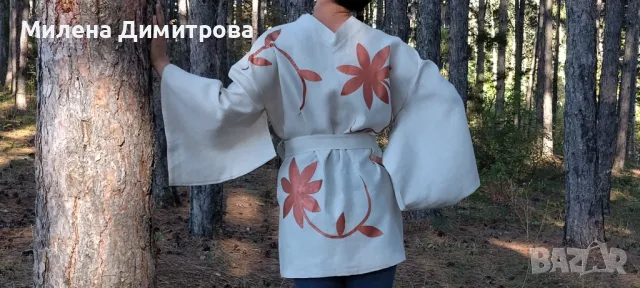 Ръчно рисувано ленено кимоно , снимка 7 - Сака - 48868514