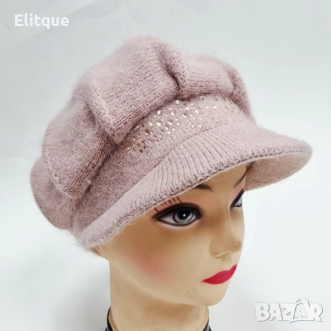 Дамска зимна плетена шапка с козирка и декоративни камъчета, снимка 8 - Шапки - 52672624