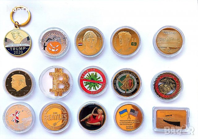 Сувенирни монети Биткоин Тръмп Хелоуин Кройф Бийтълс Титаник, снимка 1 - Нумизматика и бонистика - 37568003