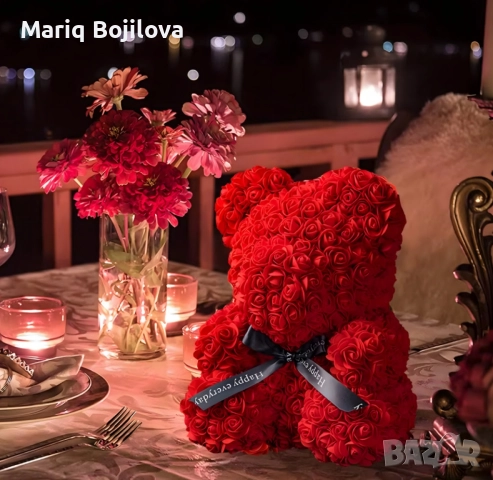 Плюшено мече с LED рози - подарък за мама, момиче, баба - комплект вечни рози 25 см