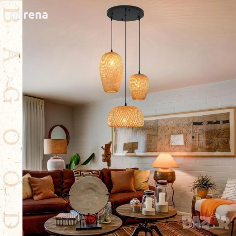 Лампа от ратан с 3 лампи, бамбук, бохо стил, ръчно плетени полилеи, снимка 6 - Лампи за таван - 53224776