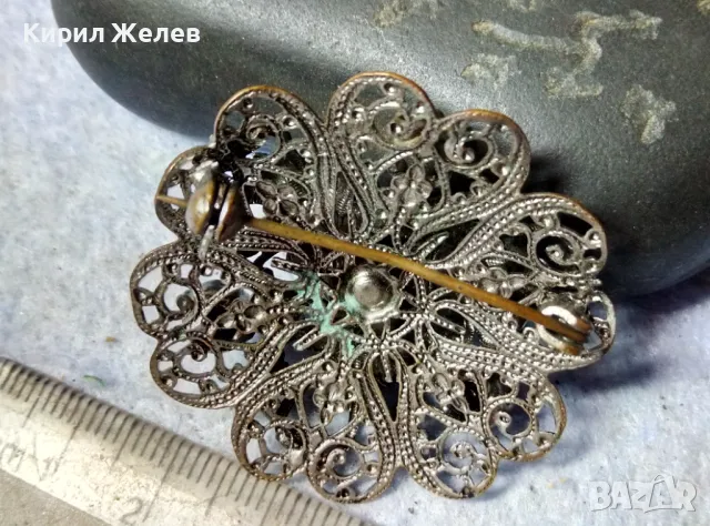 ШАРМАНТНА ФЛОРАЛНА СТАРИННА ПОСРЕБРЕНА МЕДНА АЖУРНА СКЪПОЦЕННА БРОШКА с ФАСЕТИРАН МАРКАЗИТ 48845, снимка 6 - Антикварни и старинни предмети - 48734046