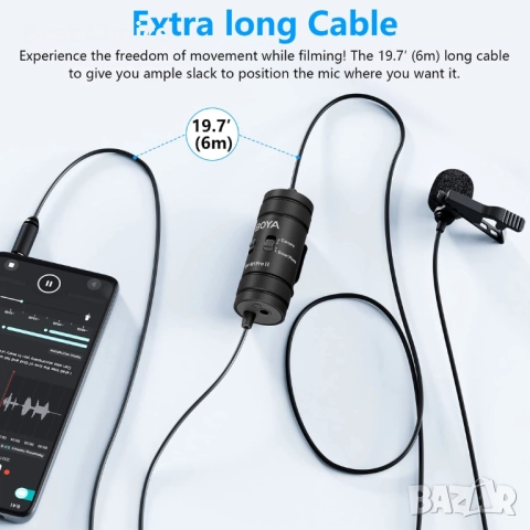 BY-M1 Pro II микрофон Lavalier с шумопотискане, всепосочен, с порт за монитор, снимка 8 - Микрофони - 52819111