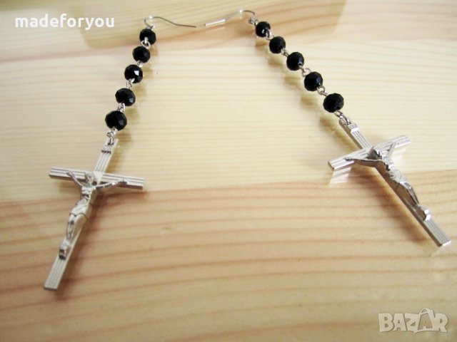 Обеци,обици,кръст,кръстче,разпятие и черни фасетирани кристали и кукички пинчета от стомана, снимка 1