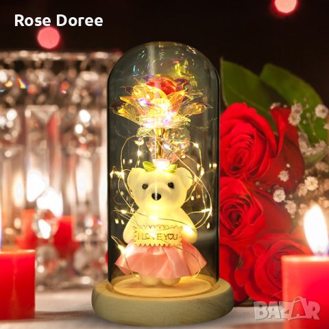 Вечна роза в стъкленица с мече с поличка и лед светлина подарък за Свети Валентин, снимка 2 - Подаръци за жени - 44083770