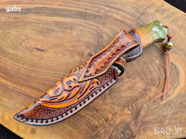 Уникален ловен нож дамаска стомана,фултанг с кожена кания LN422, снимка 5 - Ножове - 52212970