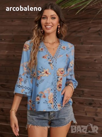 Дамска риза с разкроени ръкави и щампа с V-образно деколте, 5цвята , снимка 10 - Ризи - 39887714