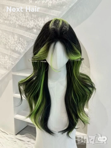 Синтетична черна чуплива перука с лимонено-жълто-зелени краища, снимка 7 - Аксесоари за коса - 52897709