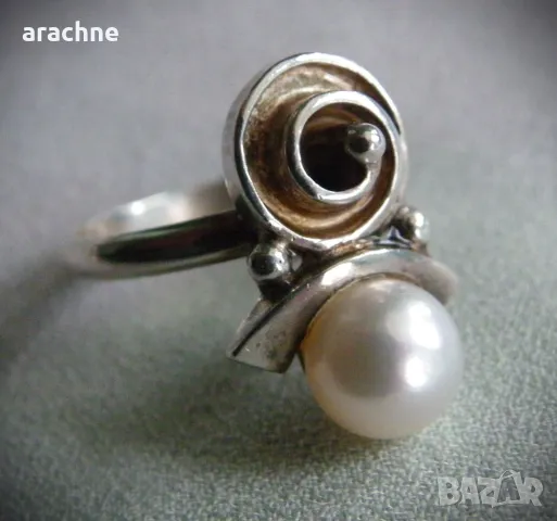 Японски сребърен пръстен с перла Akoya, снимка 2 - Пръстени - 48306364