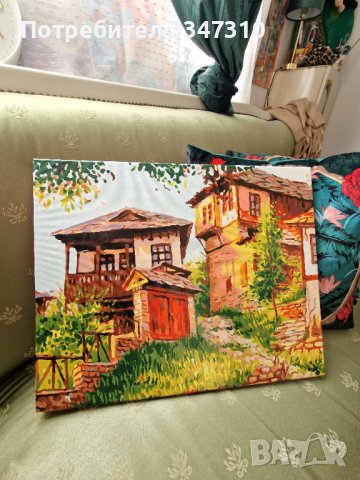 Прекрасна Картина с Пейзаж от Български Етно Къщи / Домашен Уют в Цветове !