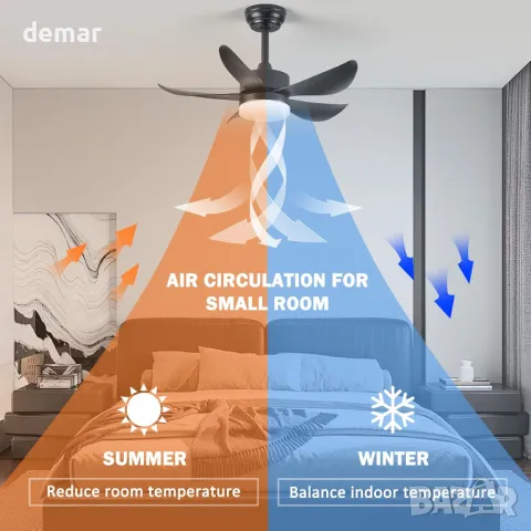 Вентилатор за таван RHEAFON с LED светлина и дистанционно, интелигентен, реверсивен, 76 см, снимка 4 - Лед осветление - 49404236