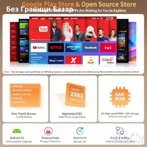 Нов Мощен 1080P 4K проектор INFGO, WiFi 6, 800 ANSI, Автоматична корекция, снимка 4 - Друга електроника - 49392938