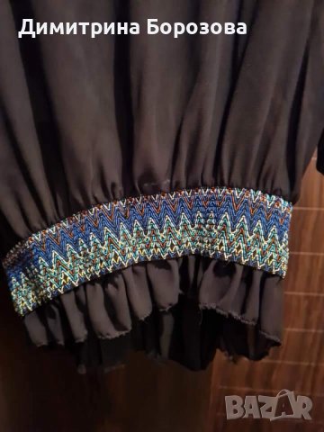 Черна блузка с къдрички и ластик долу и бродерии по ръкавите и в кръста, снимка 3 - Блузи с дълъг ръкав и пуловери - 40069617