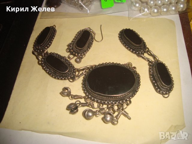 ОСМАНСКИ ГРИВНА и ОБЕЦА ПОСРЕБРЕНИ с ШЛИФОВАН ЧЕРЕН ОНИКС МАЙСТОРСКА СТАРА ИЗРАБОТКА НАКИТИ 23469, снимка 2 - Антикварни и старинни предмети - 33435042