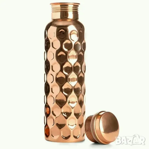 Нова медна бутилка, Голям капацитет от 1 литър, 100% чист мед, Diamond pattern дизайнн, С капачка, снимка 1