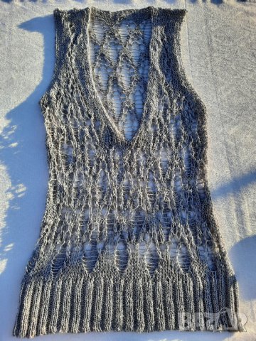 Сребристо пуловерче без ръкав плетиво размер Л, снимка 5 - Корсети, бюстиета, топове - 39091364