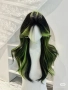Синтетична черна чуплива перука с лимонено-жълто-зелени краища, снимка 7