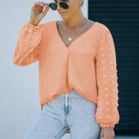 Дамски елегантен топ в оранжево с ръкави на точки, снимка 4 - Блузи с дълъг ръкав и пуловери - 40148854