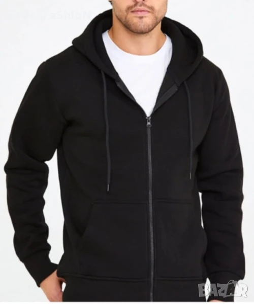 Нов мъжки суичър с цип и качулка в черен цвят, снимка 1