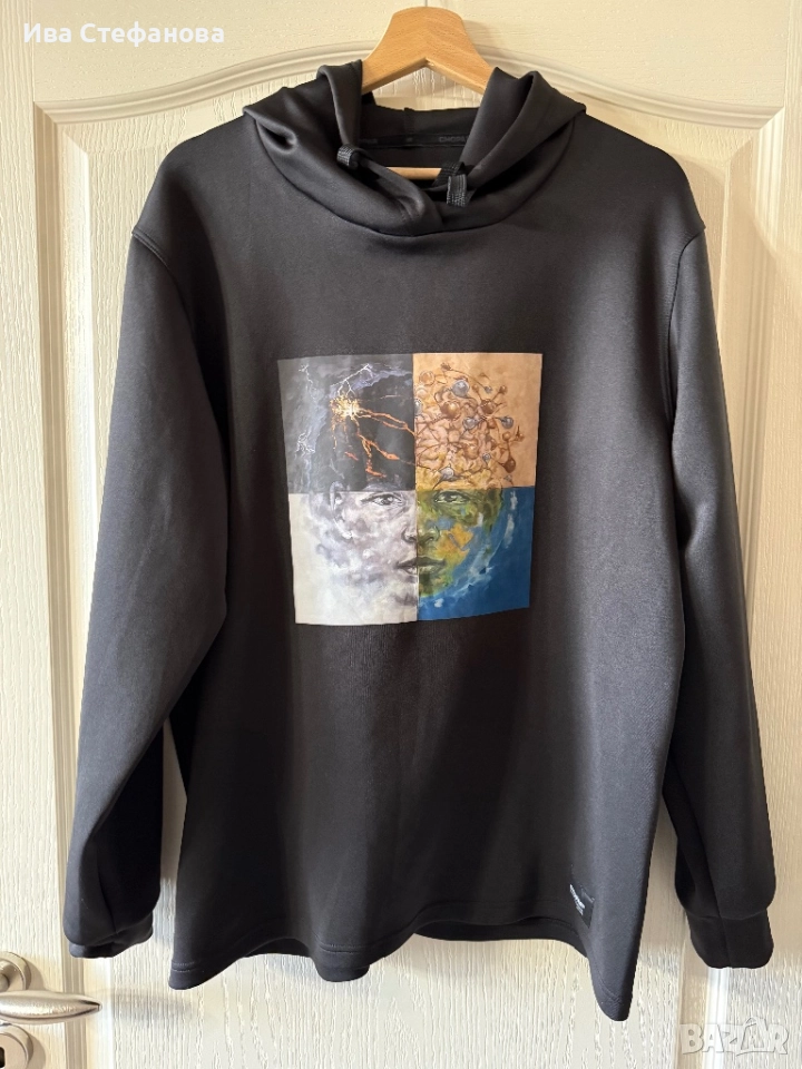 Нов черен спортен мъжки оригинален черен суичър блуза с качулка лице, снимка 1