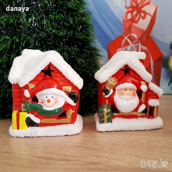 Светеща керамична къщичка с Дядо Коледа и Снежко светеща коледна украса, снимка 1
