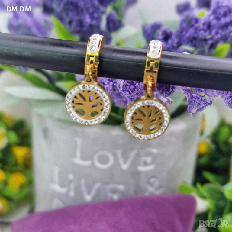 Обици „Tree of Life Crystal“ – медицинска стомана с 18К позлата, снимка 1