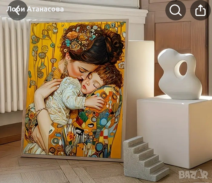 Художествено платно с мотиви на Густав Климт - топли нюанси, флорални мотиви, с рамка, снимка 1