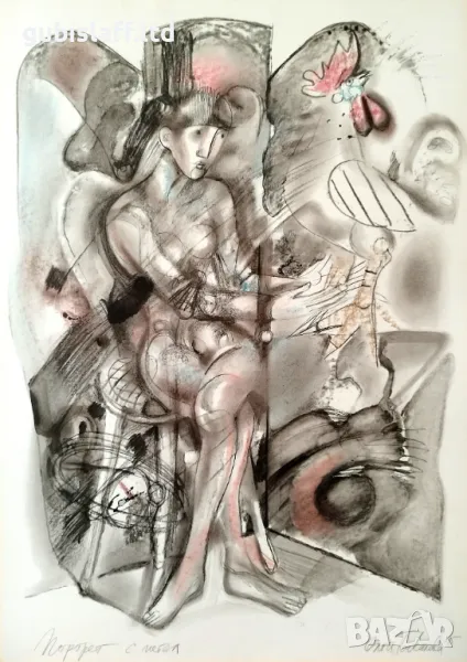 Картина, "Портрет с петел", худ. Олга Паскалева, 1985 г., снимка 1