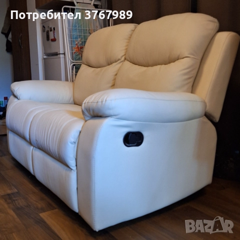Кожен двуместен диван с лежанка. Реклайнер Дрим, двойка /с ръчен механизм/ бежов. , снимка 5 - Дивани и мека мебел - 52147690