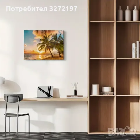 Картина на платно с дървена рамка-Изгрев на тропически плаж,30x40 см., снимка 4 - Картини - 48465620