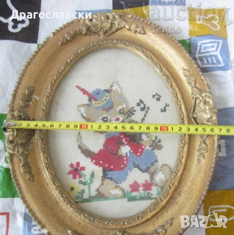  Стара рамка за картина / гоблен ЕЛИПСА, квадрат, птица, котка, коте, снимка 2 - Гоблени - 28885553