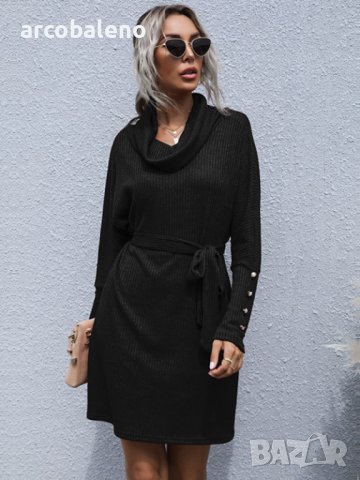 Дамска едноцветна плетена пуловерна рокля с яка и дълги ръкави, 2цвята - 024, снимка 6 - Рокли - 43454137