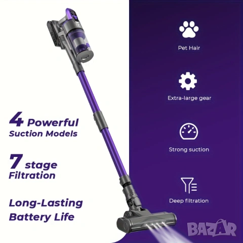 Безжична Вертикална Прахосмукачка - Yanhama H5 650W 75000Pa, 4-в-1 с 70 Мин Работа, LED!, снимка 6 - Прахосмукачки - 53250223