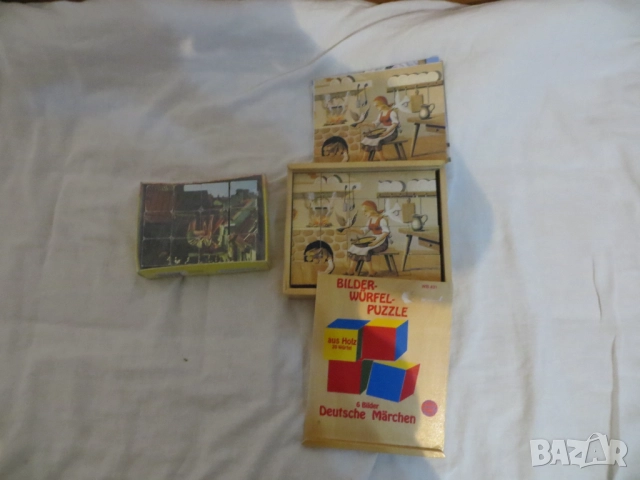 Винтидж пъзели от дървени кубчета Пипи, Червената шапчица и още..