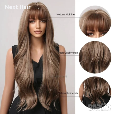 Кафява перука с руси кичури и бретон, снимка 3 - Аксесоари за коса - 52897767