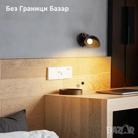 Нова Черна стенна лампа с дървена основа и издърпващ ключ, E14 база, снимка 8 - Лампи за стена - 48715414