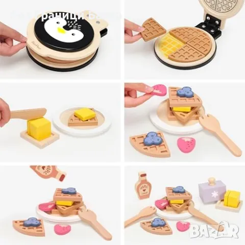 Нова играчка Дървена кухня за деца – пингвин гофретник, плодове и прибори, снимка 3 - Образователни игри - 49906355