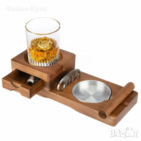 Дървена стойка за чаша с алуминиев пепелник и ножица за пури, цигари, пурети, подарък за мъже
